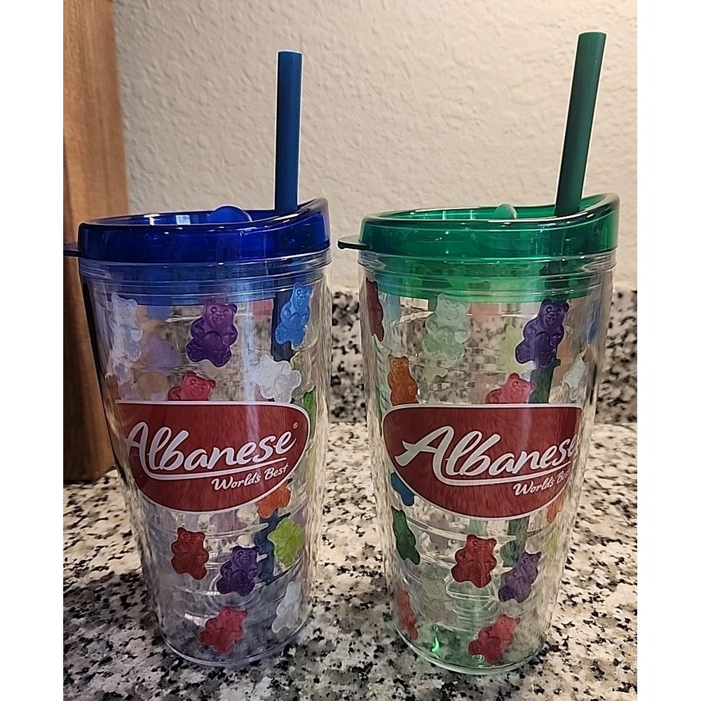 (2) Albanese Worlds Best Gummi Bear‎ 16oz Tumbler Cup Blue/ Green NEW